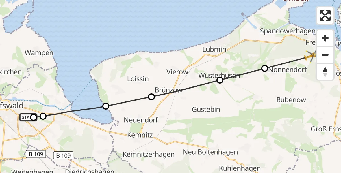 Flugroute Rettungshubschrauber Greifswald Hospital - Rubenow, 16 Juli 2026, 18:28