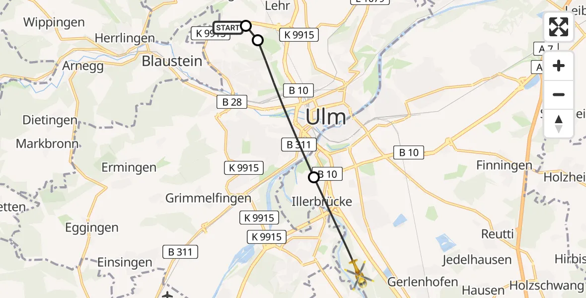 Flugroute Rettungshubschrauber Ulm Military Hospital Emergency - Neu-Ulm, 16 Juli 2026, 18:31