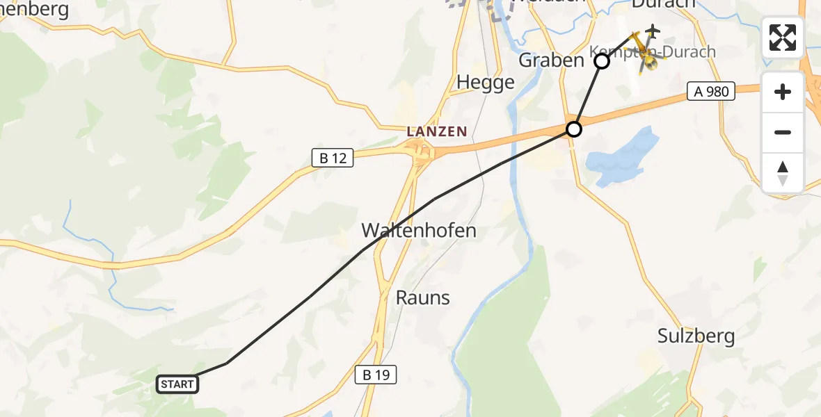 Flugroute Rettungshubschrauber Waltenhofen - Kempten-Durach Flugplatz, 16 Juli 2026, 18:32