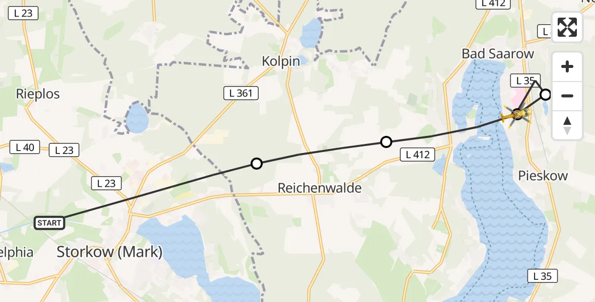 Flugroute Rettungshubschrauber Storkow (Mark) - Bad Saarow Hospital Hubschrauberlandeplatz, 16 Juli 2026, 18:41