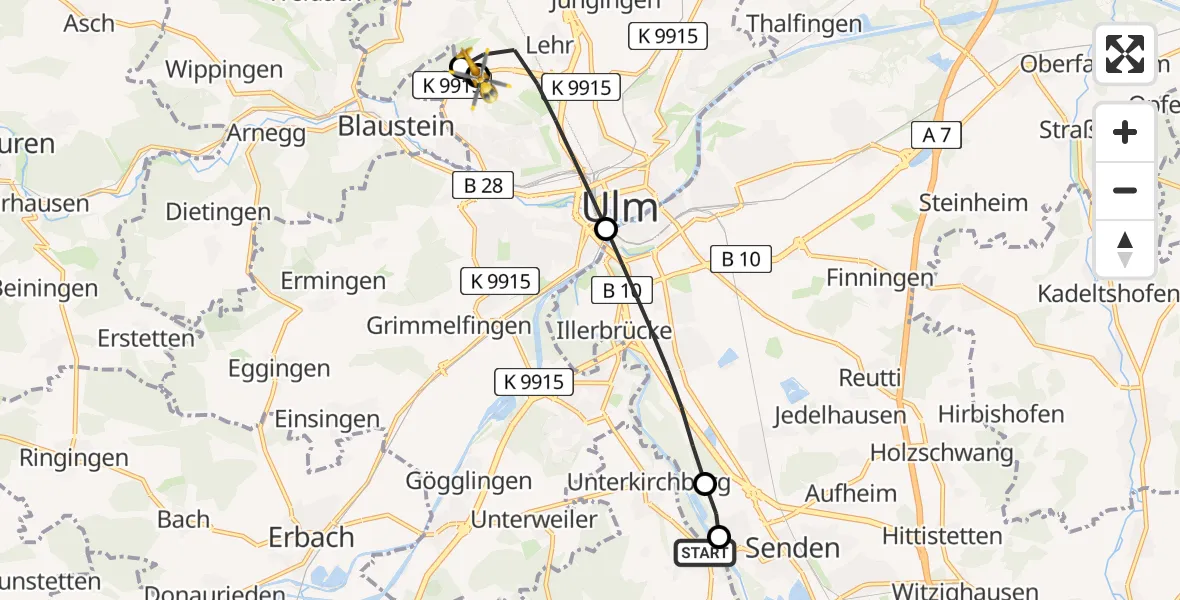 Flugroute Rettungshubschrauber Illerkirchberg - ADAC Air Rescue Station Ulm (Christoph 22), 16 Juli 2026, 18:47