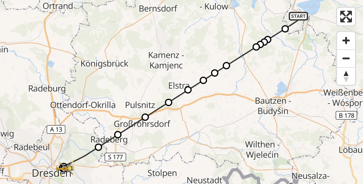 Flugroute Rettungshubschrauber Boxberg/O.L. - Dresden University Hospital, 16 Juli 2026, 18:48