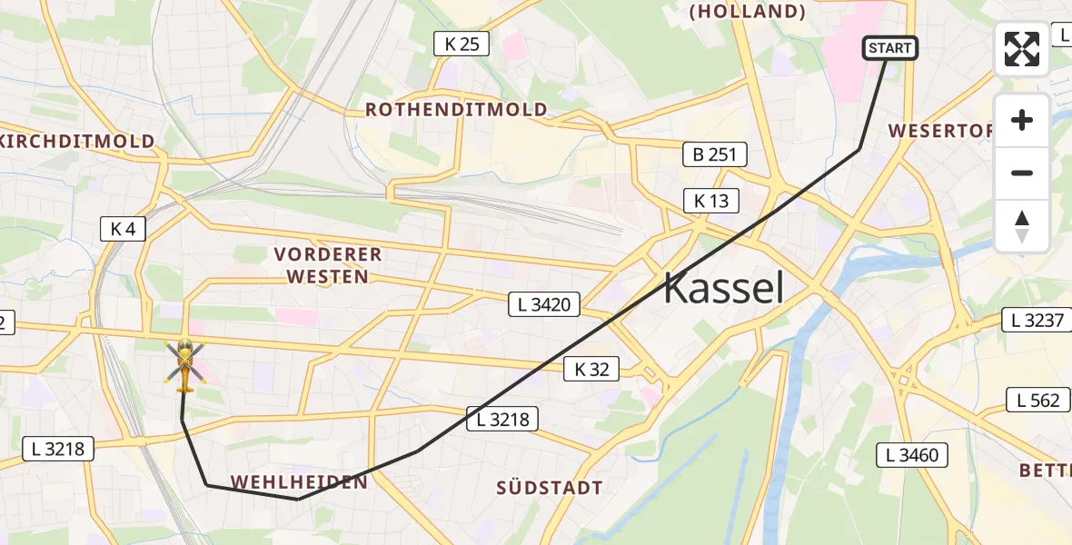 Flugroute Rettungshubschrauber Kassel - Kassel, 16 Juli 2026, 18:51