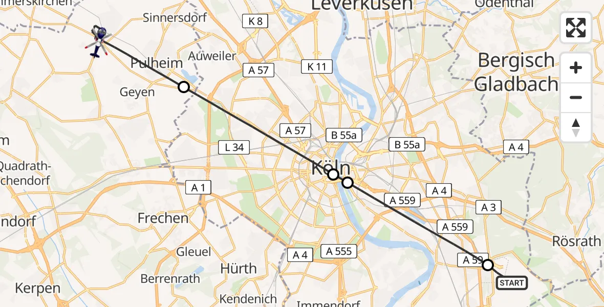 Flugroute Polizeihubschrauber Köln Bonn Flughafen - Pulheim, 16 Juli 2026, 18:52
