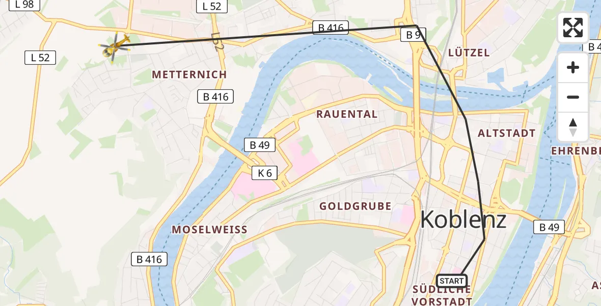 Flugroute Rettungshubschrauber Koblenz - Koblenz, 16 Juli 2026, 19:05