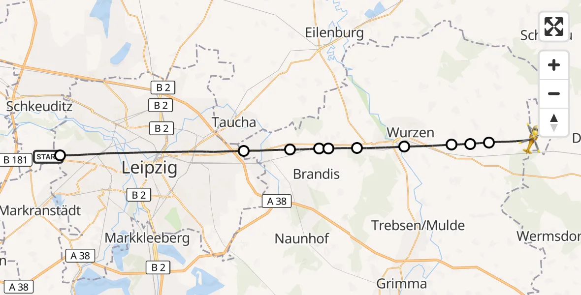 Flugroute Rettungshubschrauber Schkeuditz - Lossatal, 16 Juli 2026, 19:09