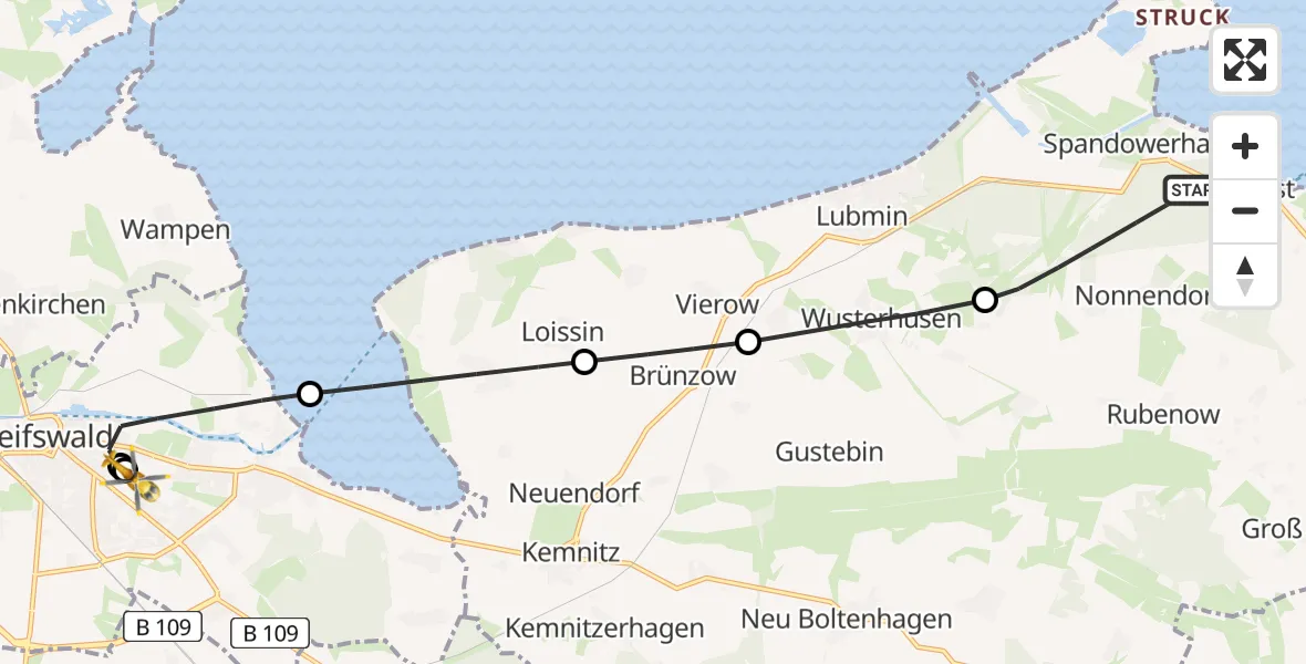 Flugroute Rettungshubschrauber Rubenow - Greifswald Hospital, 16 Juli 2026, 19:09
