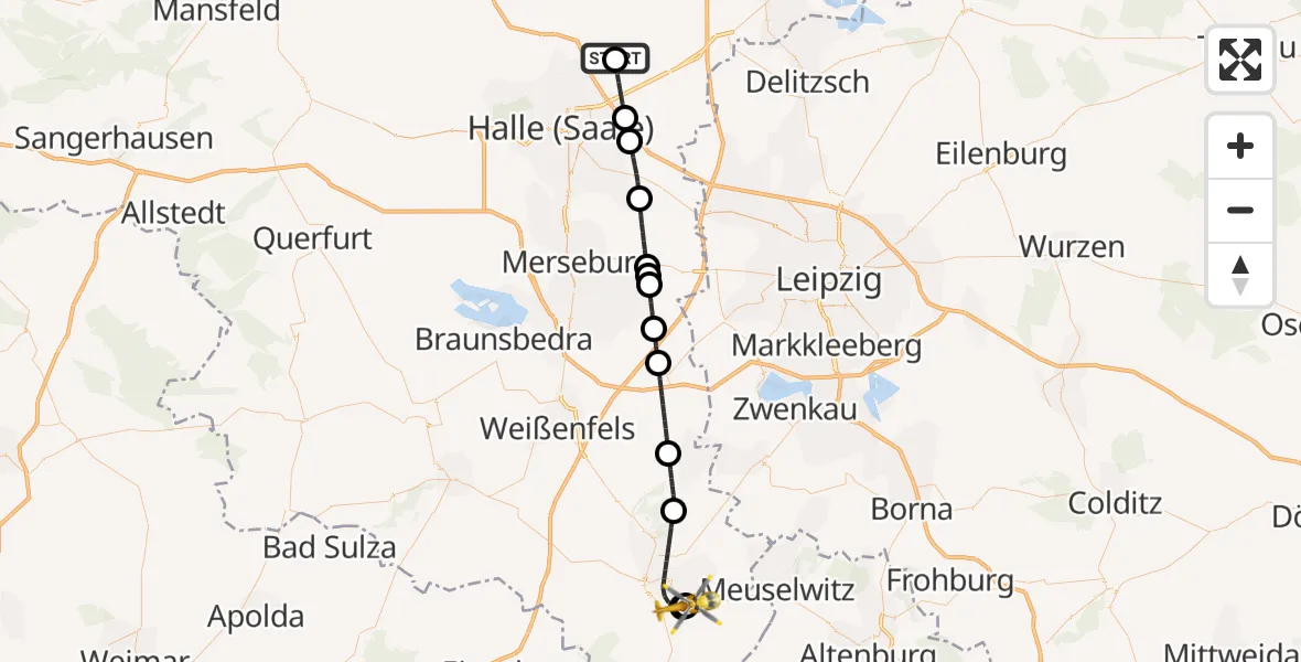 Flugroute Rettungshubschrauber Halle-Oppin Flugplatz - Zeitz Hospital, 16 Juli 2026, 19:14