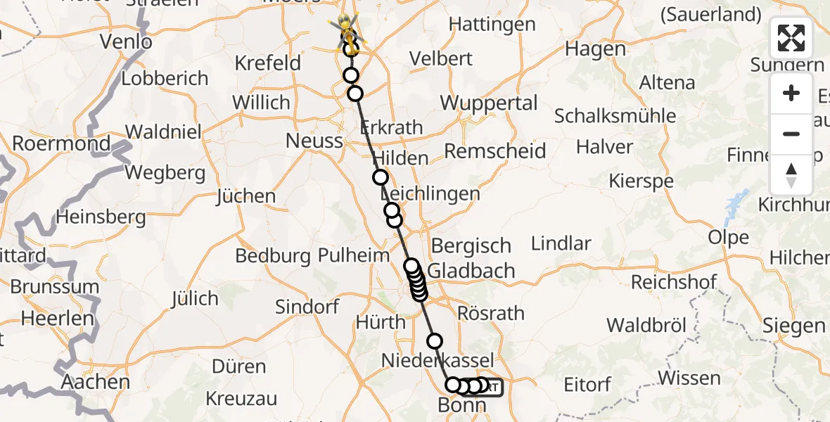 Flugroute Rettungshubschrauber Bonn-Hangelar Flugplatz - Duisburg Air Rescue Hubschrauberlandeplatz (Christoph 9), 16 Juli 2026, 19:17