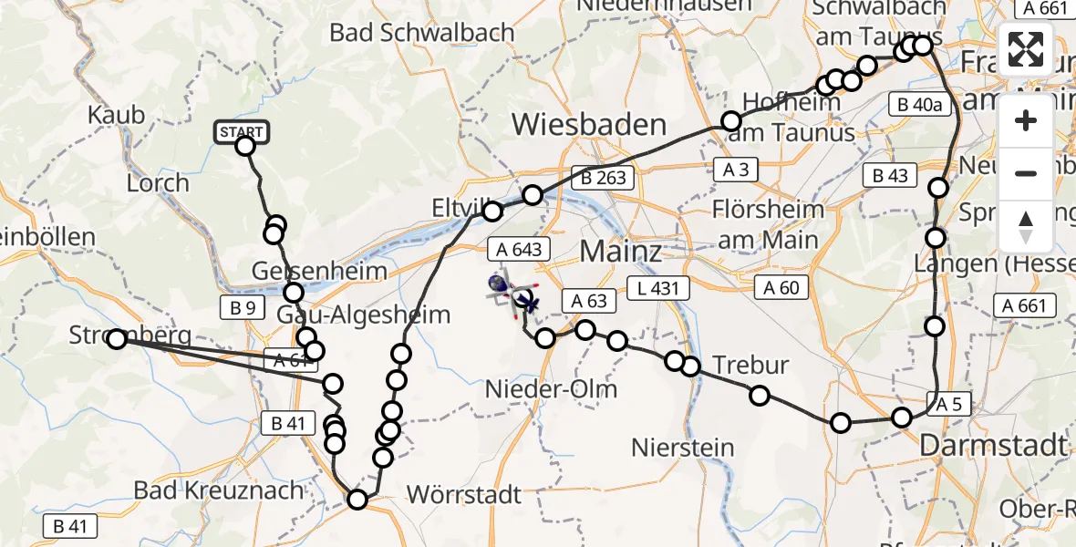 Flugroute Polizeihubschrauber Geisenheim - Mainz-Finthen Flugplatz, 16 Juli 2026, 19:27