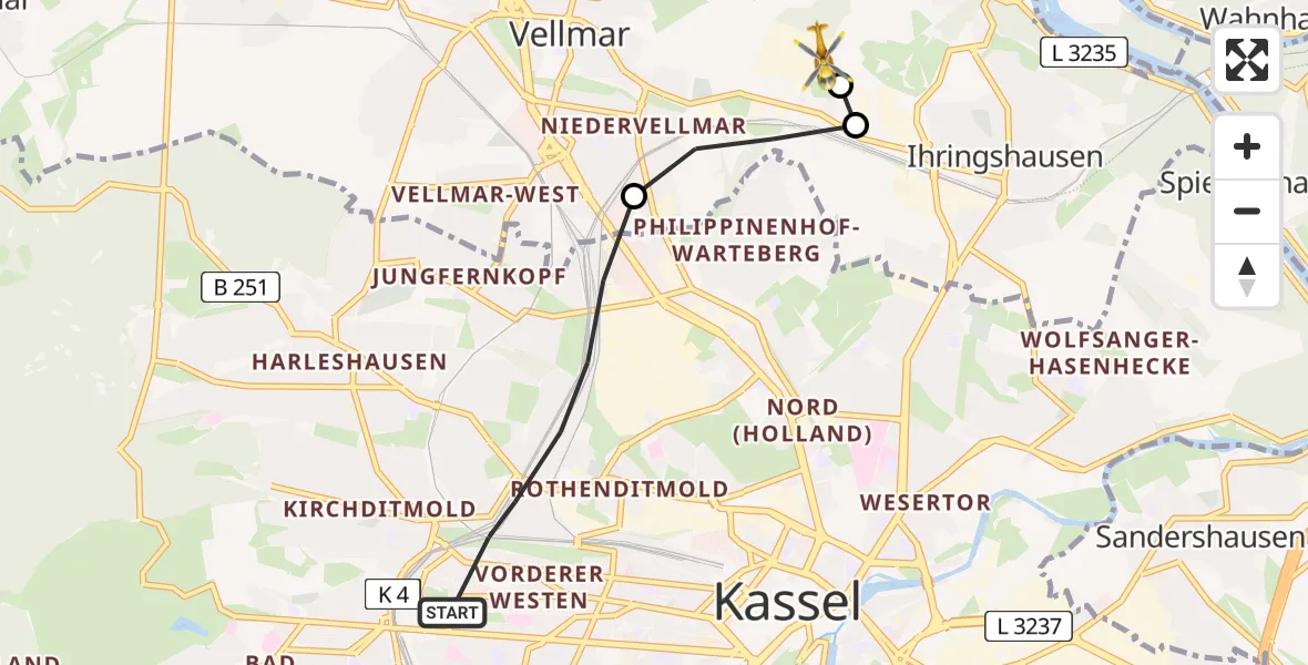 Flugroute Rettungshubschrauber Kassel - Fuldatal Bundespolizei Hubschrauberlandeplatz, 16 Juli 2026, 19:31