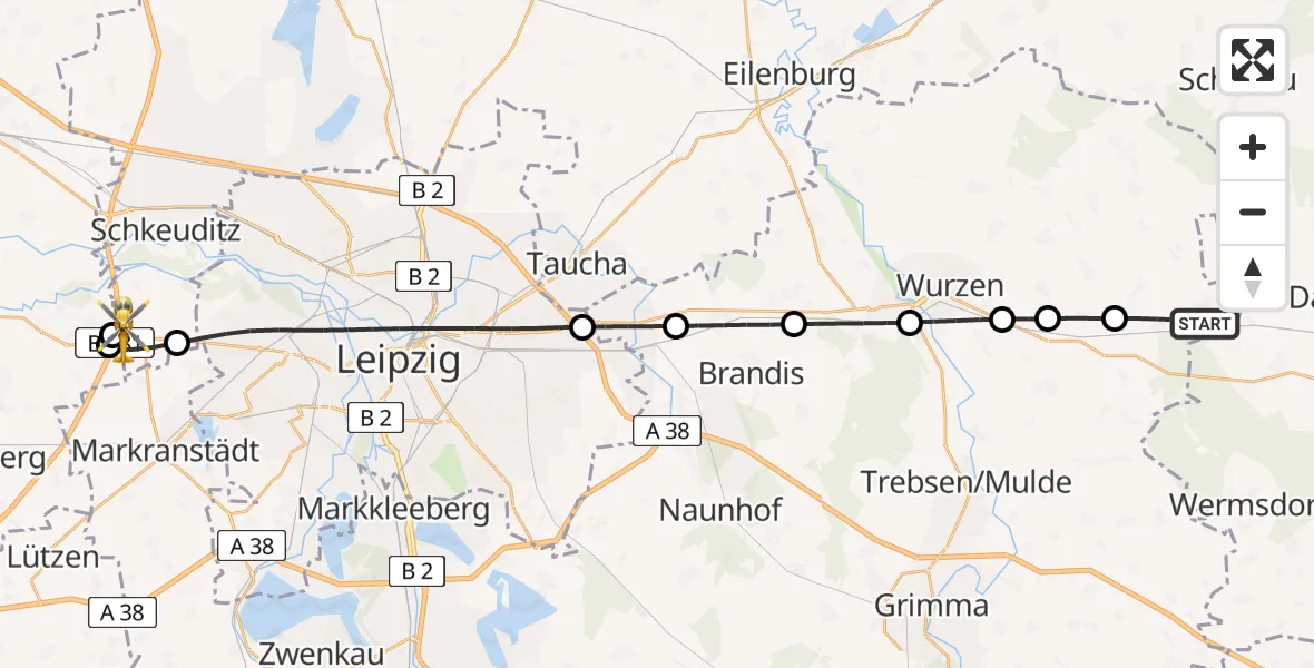 Flugroute Rettungshubschrauber Lossatal - ADAC Air Rescue Station Leipzig/Schkeuditz-Dölzig Hubschrauberlandeplatz (Christoph 61), 16 Juli 2026, 19:49
