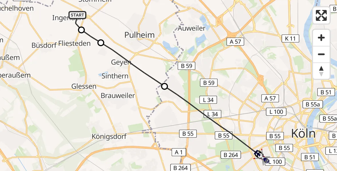 Flugroute Polizeihubschrauber Pulheim - Köln University Hospital, 16 Juli 2026, 19:57
