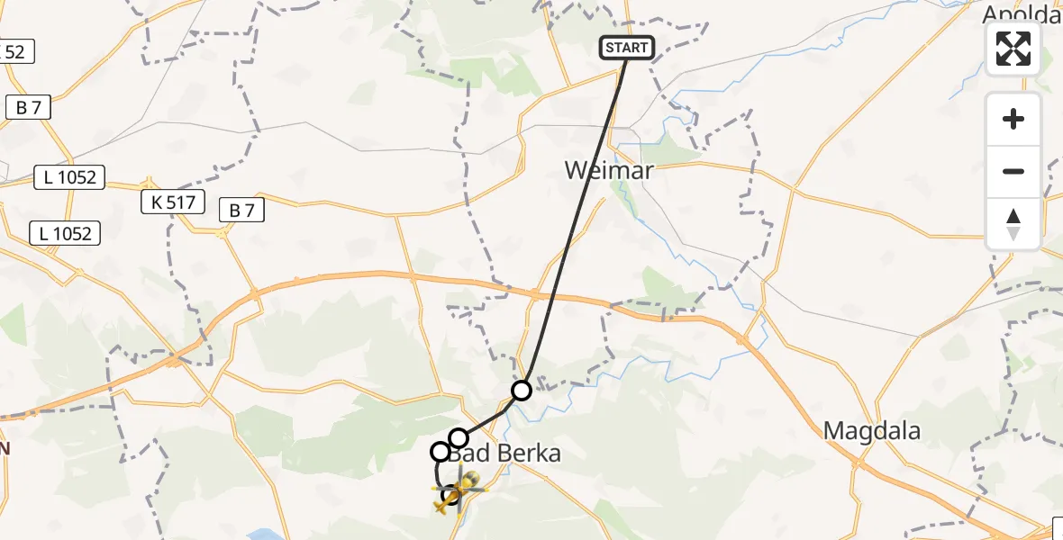 Flugroute Ambulanzhubschrauber Weimar - DRF Rettungsstation Bad Berka Hubschrauberlandeplatz, 16 Juli 2026, 20:11