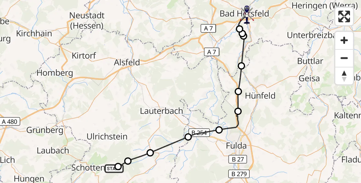 Flugroute Polizeihubschrauber Hoherodskopf Flugplatz - Bad Hersfeld, 16 Juli 2026, 20:43