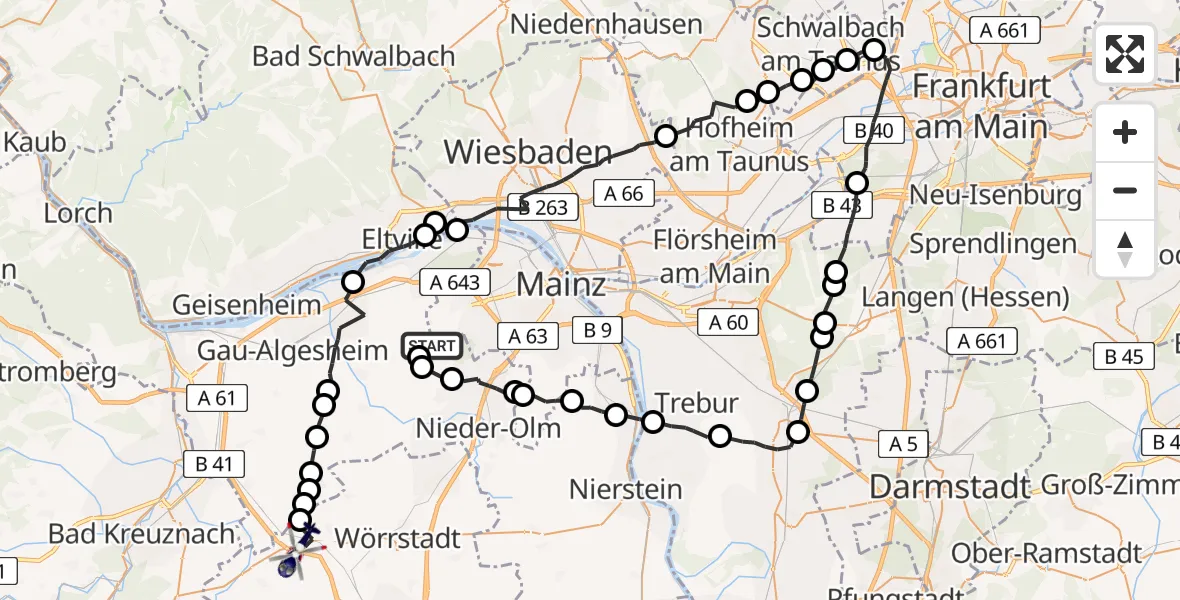 Flugroute Polizeihubschrauber Mainz-Finthen Flugplatz - Gau-Bickelheim, 16 Juli 2026, 21:01