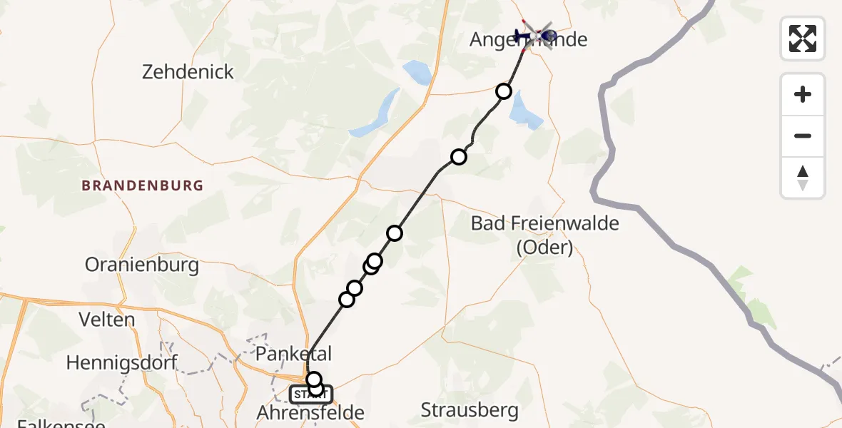 Flugroute Polizeihubschrauber Ahrensfelde Hubschrauberlandeplatz - Angermünde, 16 Juli 2026, 21:15