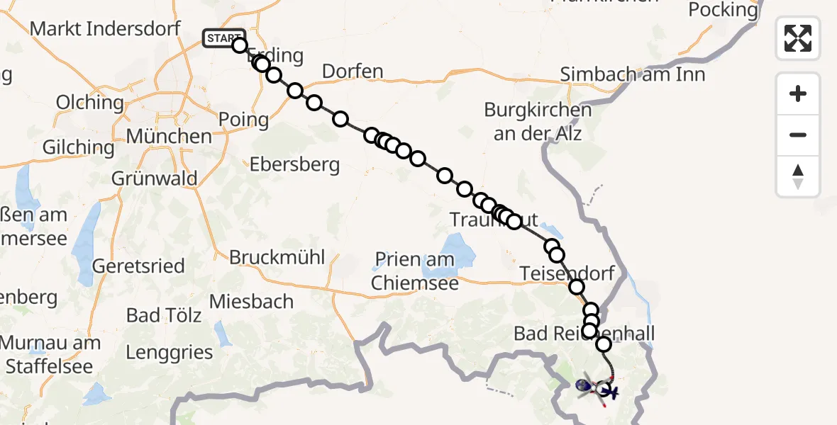 Flugroute Polizeihubschrauber München Flughafen - Ramsau b.Berchtesgaden, 16 Juli 2026, 22:04