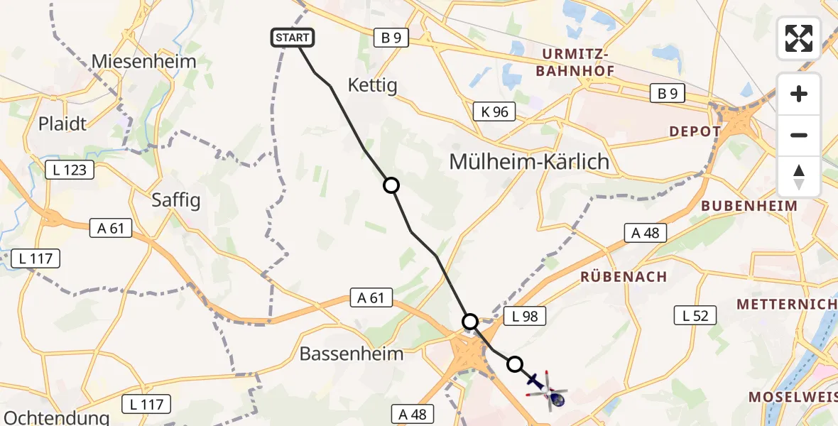 Flugroute Polizeihubschrauber Kettig - Koblenz, 16 Juli 2026, 22:44