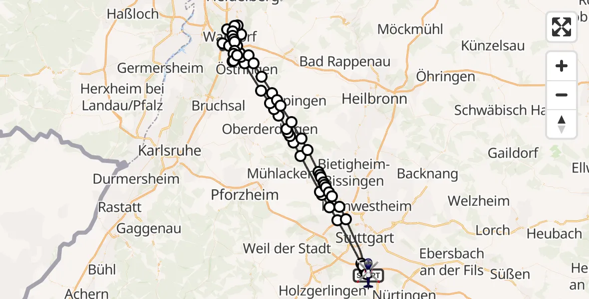 Flugroute Polizeihubschrauber Flughafen Stuttgart - Flughafen Stuttgart, 16 Juli 2026, 23:01