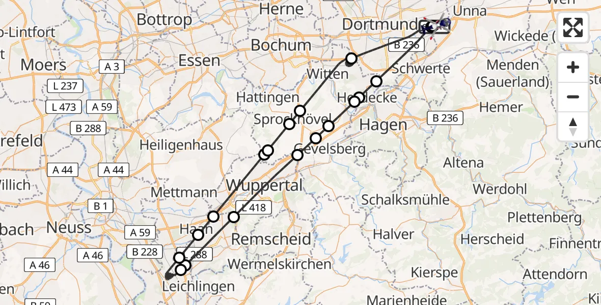 Flugroute Polizeihubschrauber Dortmund Flughafen - Dortmund Flughafen, 16 Juli 2026, 23:14