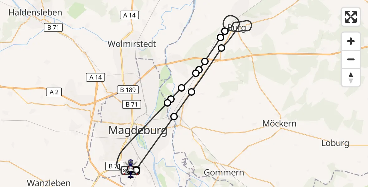 Flugroute Polizeihubschrauber Magdeburg City Flugplatz - Magdeburg City Flugplatz, 16 Juli 2026, 23:15