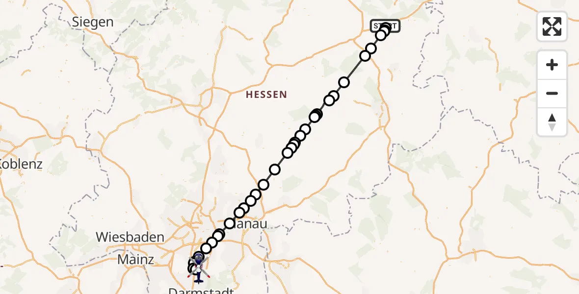 Flugroute Polizeihubschrauber Bad Hersfeld - Flughafen Frankfurt-Egelsbach, 16 Juli 2026, 23:18