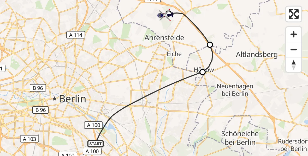 Flugroute Polizeihubschrauber Berlin - Ahrensfelde Hubschrauberlandeplatz, 16 Juli 2026, 23:31