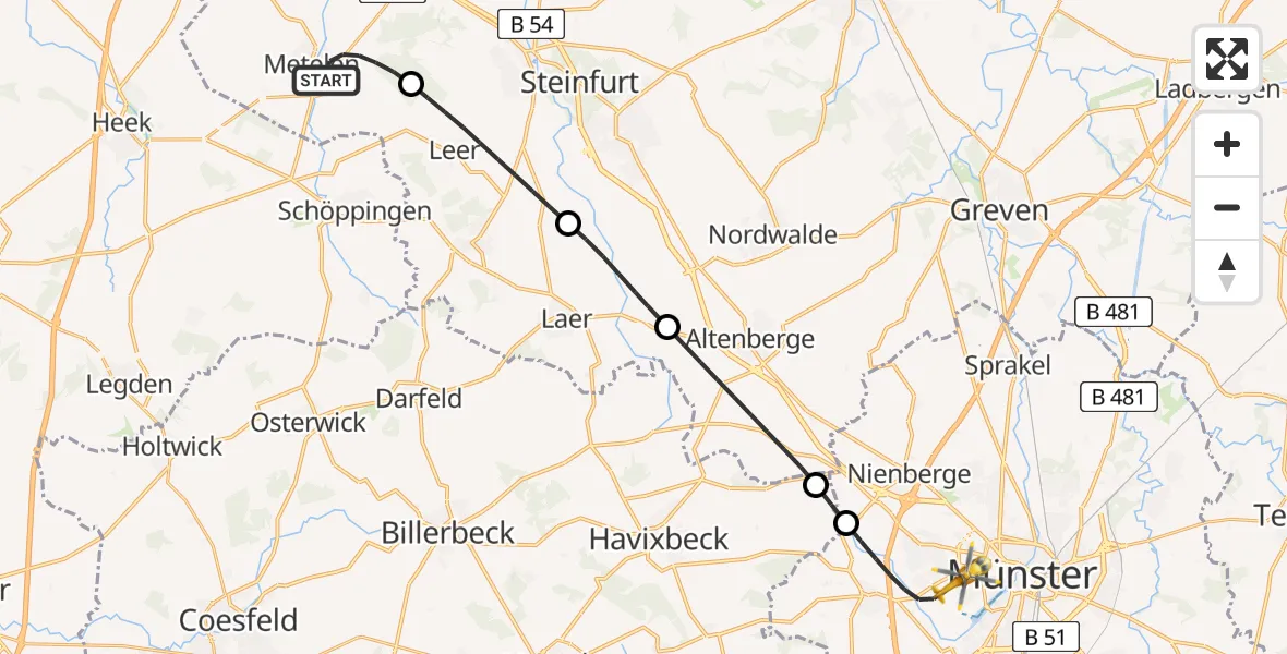 Flugroute Ambulanzhubschrauber Metelen - Münster, 17 Juli 2026, 00:45