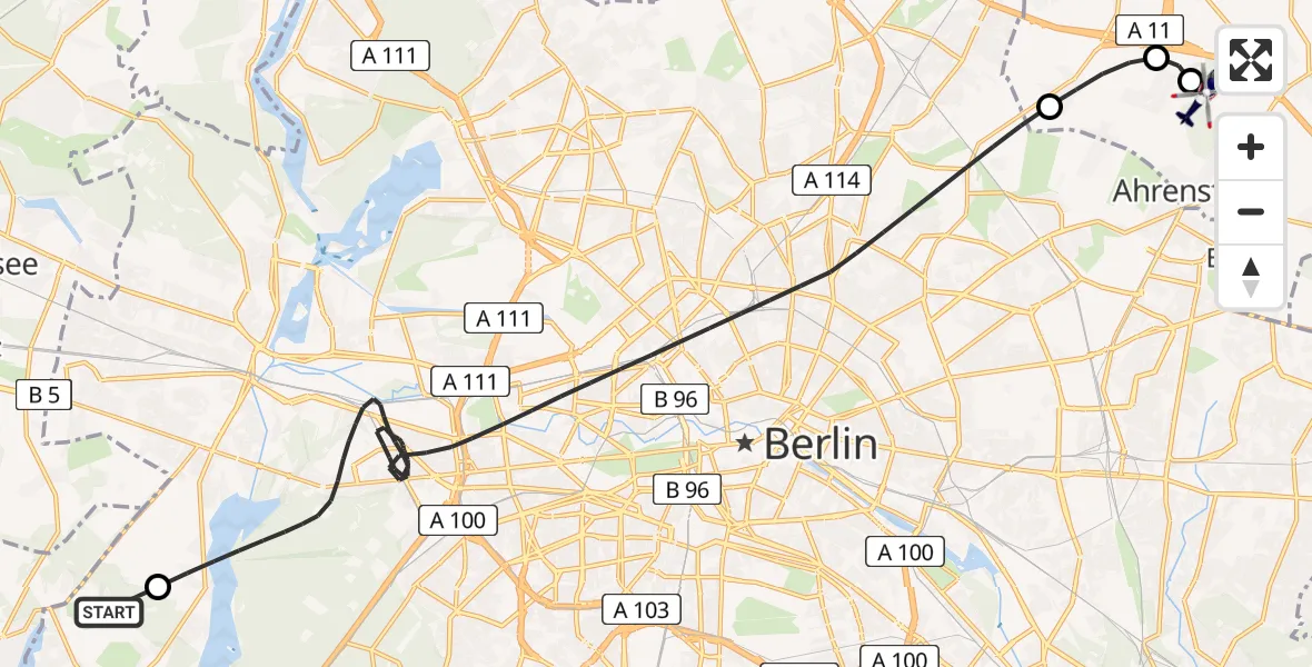 Flugroute Polizeihubschrauber Gatow Flughafen - Ahrensfelde Hubschrauberlandeplatz, 17 Juli 2026, 00:50