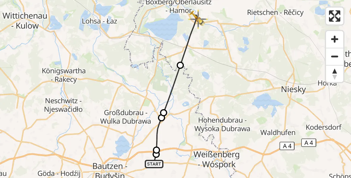 Flugroute Rettungshubschrauber Bautzen Flugplatz - Boxberg/O.L., 17 Juli 2026, 03:46