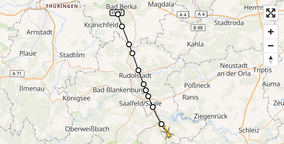 Flugroute Ambulanzhubschrauber Bad Berka Central Hospital - Leutenberg, 17 Juli 2026, 04:33