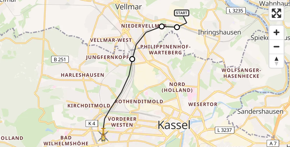 Flugroute Rettungshubschrauber Fuldatal Bundespolizei Hubschrauberlandeplatz - Kassel, 17 Juli 2026, 05:01