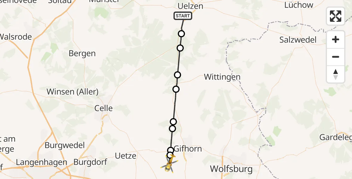 Flugroute Rettungshubschrauber Uelzen - Leiferde, 17 Juli 2026, 05:07
