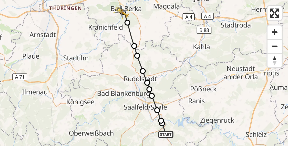 Flugroute Ambulanzhubschrauber Kaulsdorf - Bad Berka Central Hospital, 17 Juli 2026, 05:11