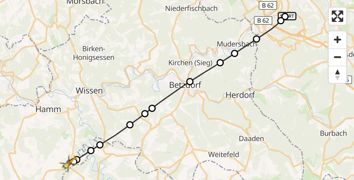 Flugroute Rettungshubschrauber Evangelisches Jung-Stilling Hospital - Eichelhardt, 17 Juli 2026, 05:25