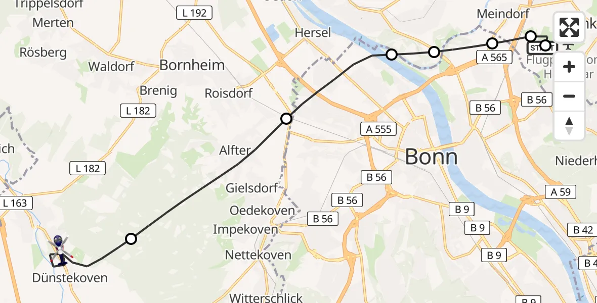Flugroute Polizeihubschrauber Sankt Augustin - Swisttal, 17 Juli 2026, 05:30