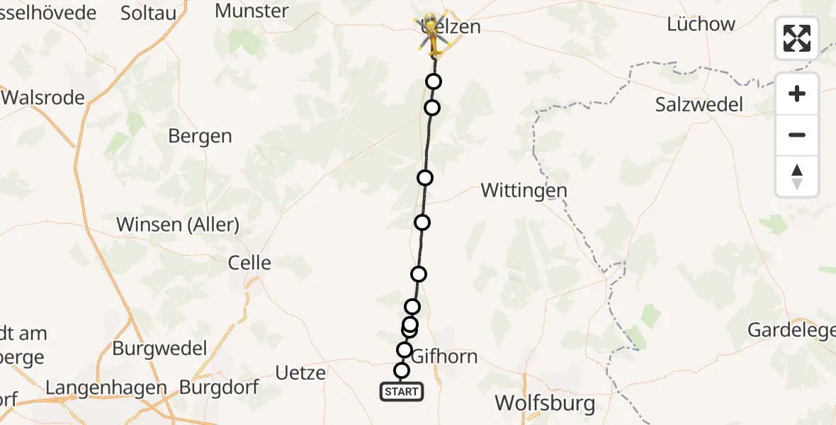 Flugroute Rettungshubschrauber Leiferde - Uelzen, 17 Juli 2026, 05:33