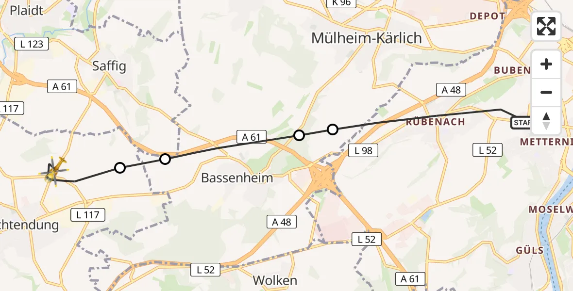 Flugroute Rettungshubschrauber Koblenz - Ochtendung, 17 Juli 2026, 05:47