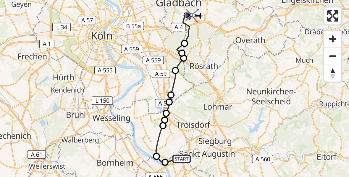 Flugroute Polizeihubschrauber Bonn - Bergisch Gladbach, 17 Juli 2026, 05:50