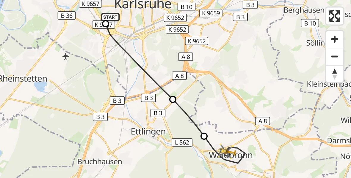 Flugroute Ambulanzhubschrauber Sankt Vincentius Hospital - Waldbronn, 17 Juli 2026, 05:51