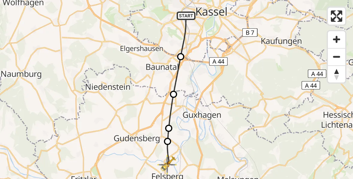 Flugroute Rettungshubschrauber Kassel - Felsberg, 17 Juli 2026, 05:51