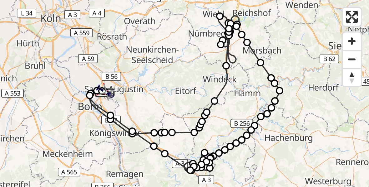 Flugroute Polizeihubschrauber Bonn-Hangelar Flugplatz - Bonn-Hangelar Flugplatz, 17 Juli 2026, 05:59