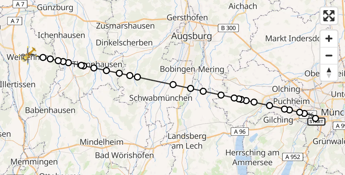 Flugroute Rettungshubschrauber DRF Air Rescue München Hubschrauberlandeplatz - Weißenhorn, 17 Juli 2026, 06:05
