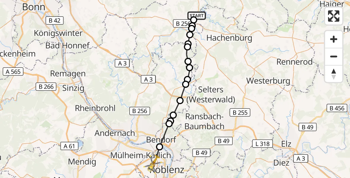 Flugroute Rettungshubschrauber Eichelhardt - Koblenz, 17 Juli 2026, 06:08