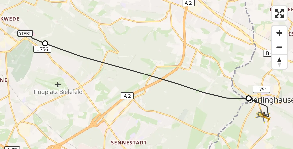 Flugroute Rettungshubschrauber Luftrettungszentrum Bielefeld - Oerlinghausen, 17 Juli 2026, 06:20