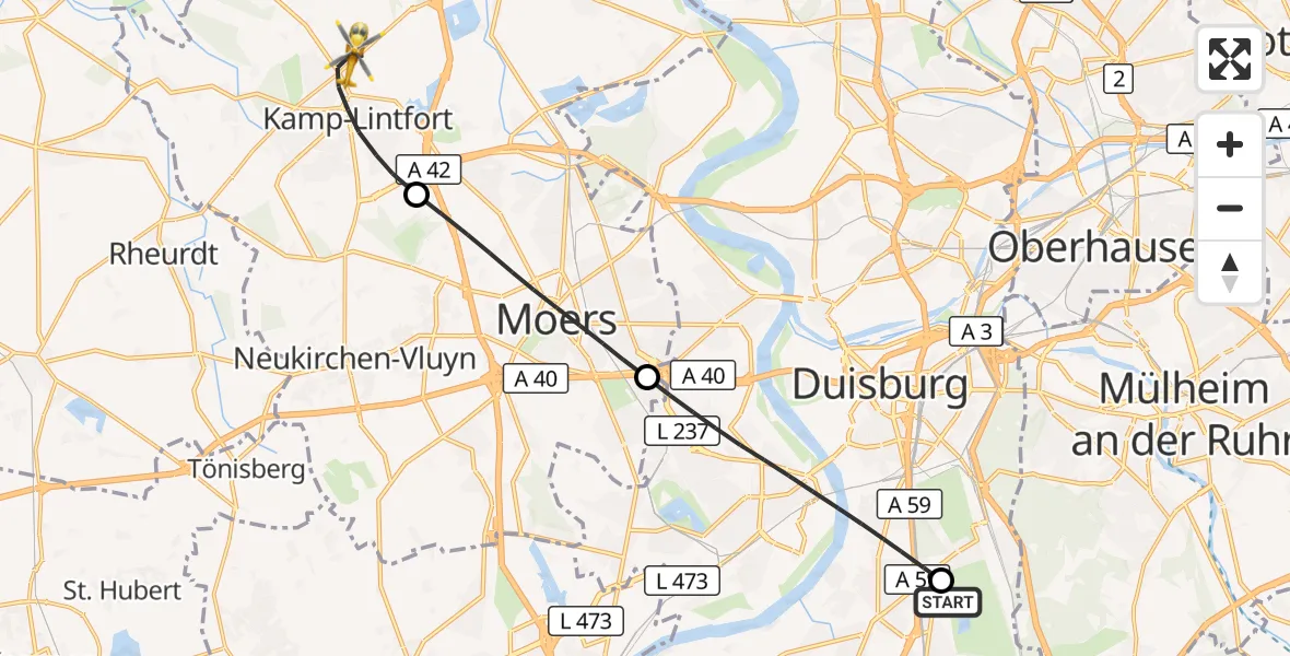 Flugroute Rettungshubschrauber Duisburg Air Rescue Hubschrauberlandeplatz (Christoph 9) - Kamp-Lintfort, 17 Juli 2026, 06:23