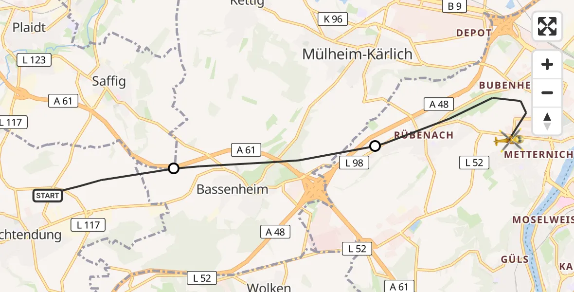 Flugroute Rettungshubschrauber Ochtendung - Koblenz, 17 Juli 2026, 06:26