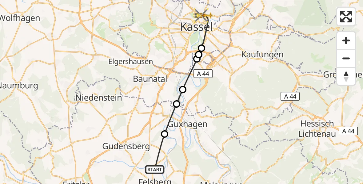 Flugroute Rettungshubschrauber Felsberg - Kassel, 17 Juli 2026, 06:32