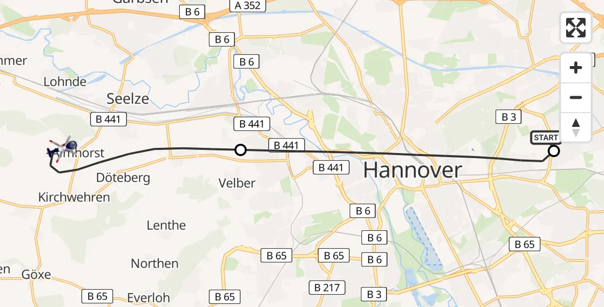 Flugroute Polizeihubschrauber Hannover Luftrettung Hubschrauberlandeplatz (Christoph 4) - Seelze, 17 Juli 2026, 06:35